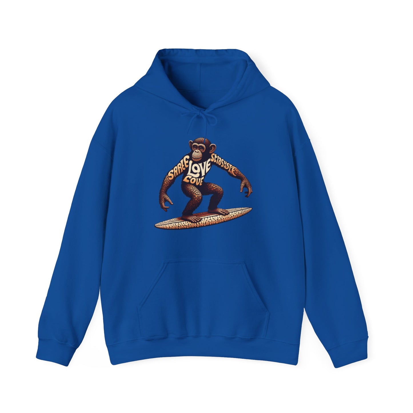 Love Monkey 70's Surfer Hoodie, Stylish Surfer Graphic Hoodie, Ideal for Beach Adventures, Unique Gift for Surf Enthusiasts