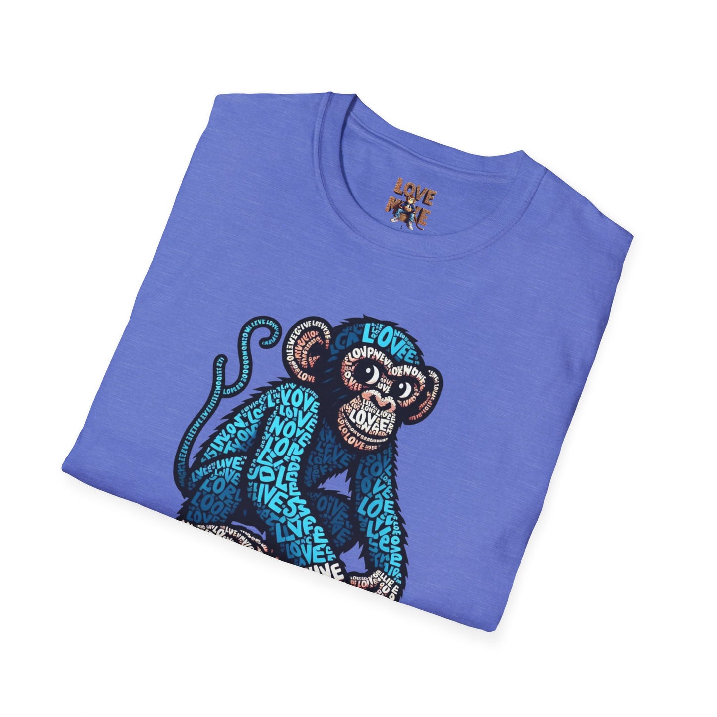 T-Shirt with Love Monkey Feeling Blue Design - Unisex Softstyle - Express Your Love - Unique Gift for Any Occasion