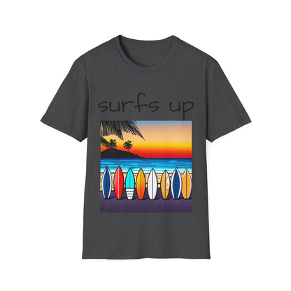 Surfing T-Shirt Surfs Up - Unisex Softstyle Tee, Perfect for Beach Lovers & Water Sports Enthusiasts, Great Gift Idea