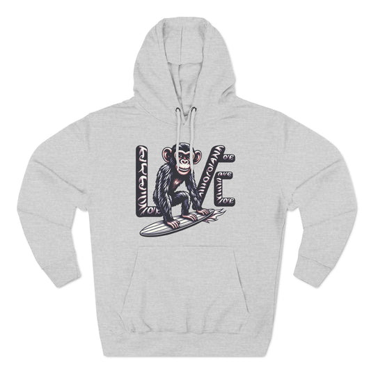 Hoodie with Love Monkey Print, Trendy Surfer-Inspired Design, Perfect for Ocean Lovers, Awesome Gift for Surf Fans