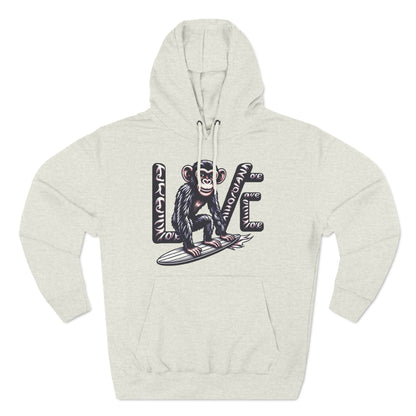 Hoodie with Love Monkey Print, Trendy Surfer-Inspired Design, Perfect for Ocean Lovers, Awesome Gift for Surf Fans