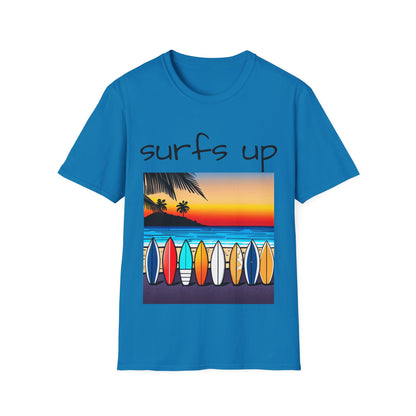 Surfing T-Shirt Surfs Up - Unisex Softstyle Tee, Perfect for Beach Lovers & Water Sports Enthusiasts, Great Gift Idea