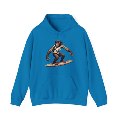 Love Monkey 70's Surfer Hoodie, Stylish Surfer Graphic Hoodie, Ideal for Beach Adventures, Unique Gift for Surf Enthusiasts