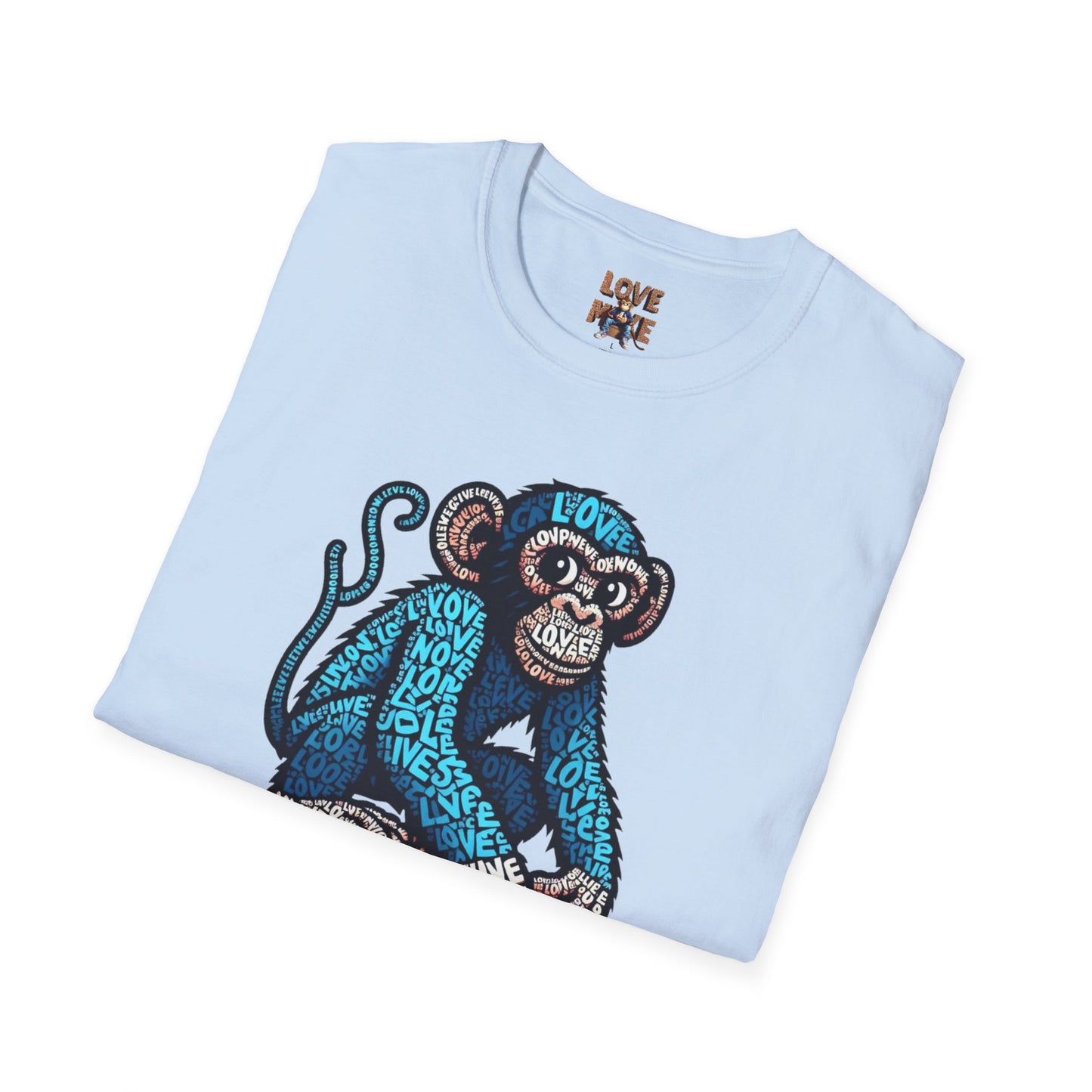 T-Shirt with Love Monkey Feeling Blue Design - Unisex Softstyle - Express Your Love - Unique Gift for Any Occasion