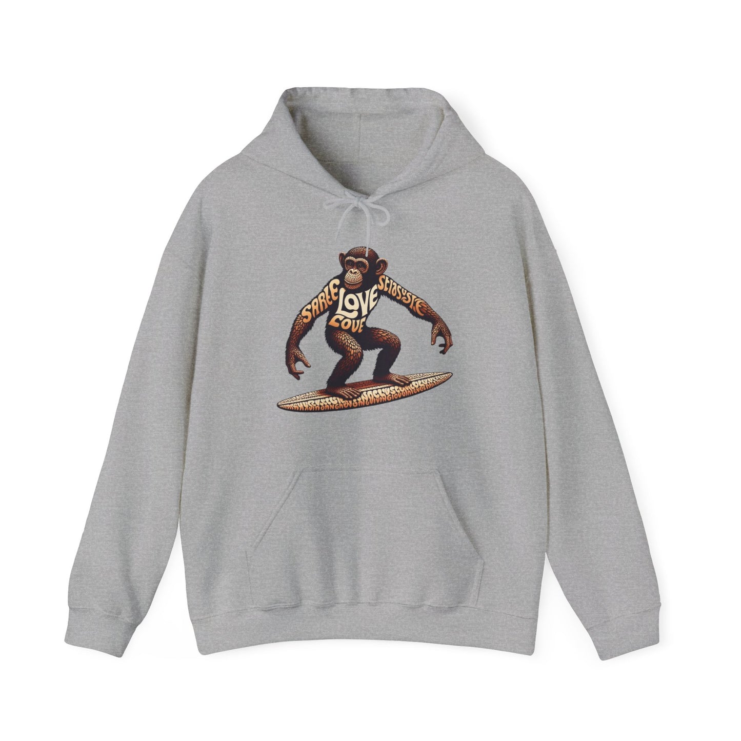 Love Monkey 70's Surfer Hoodie, Stylish Surfer Graphic Hoodie, Ideal for Beach Adventures, Unique Gift for Surf Enthusiasts