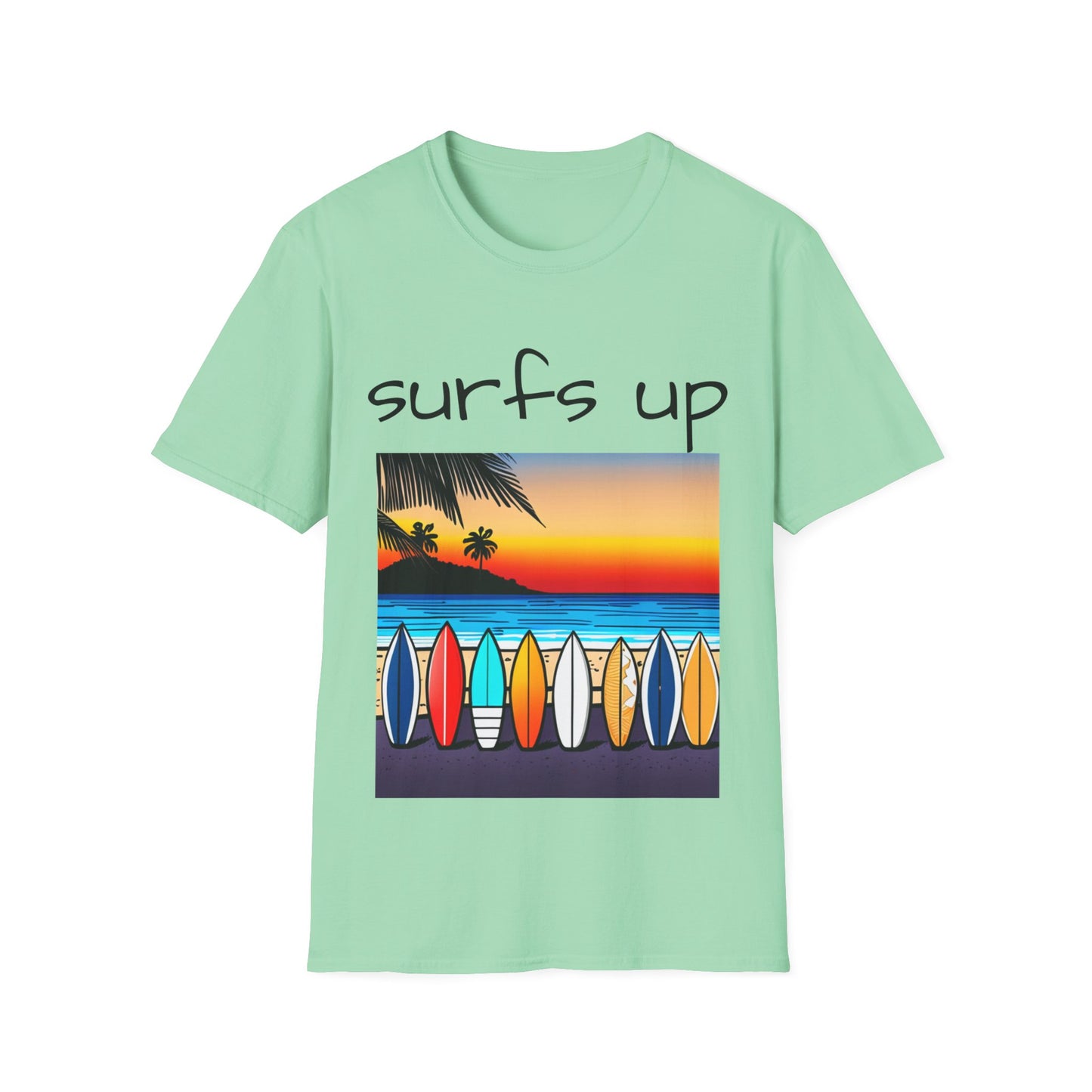 Surfing T-Shirt Surfs Up - Unisex Softstyle Tee, Perfect for Beach Lovers & Water Sports Enthusiasts, Great Gift Idea