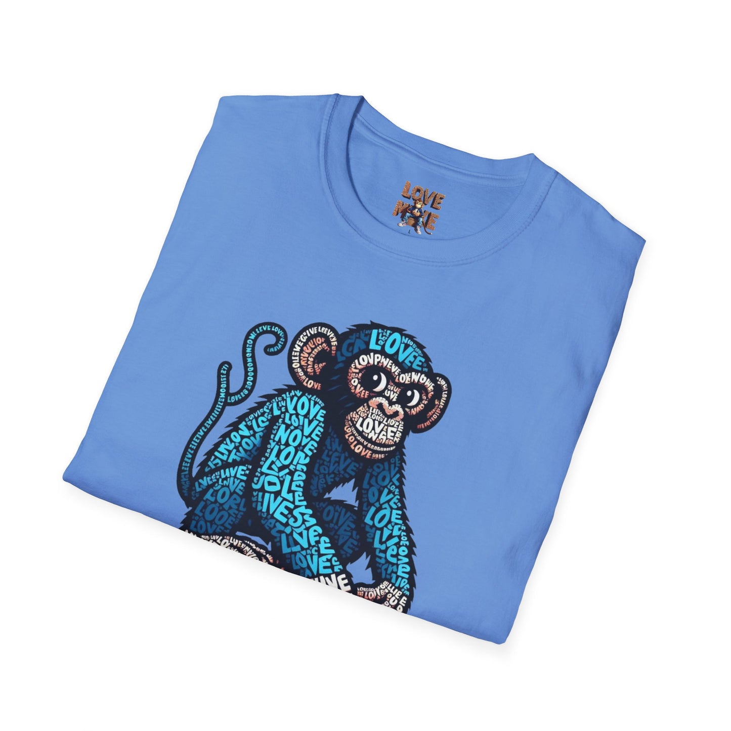 T-Shirt with Love Monkey Feeling Blue Design - Unisex Softstyle - Express Your Love - Unique Gift for Any Occasion